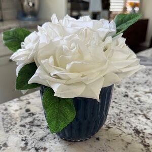 Elegant White Rose Arrangement in Blue Vase